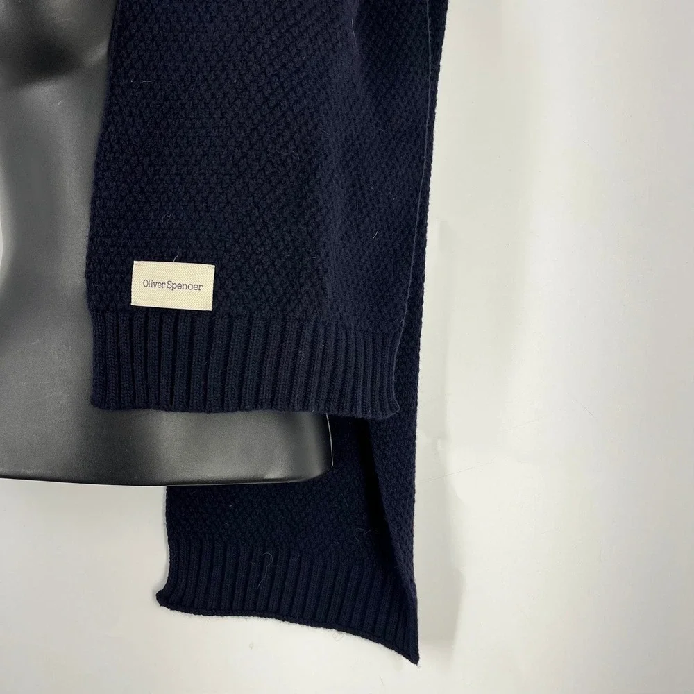 Oliver Spencer Mens Navy Blue Textured Knit Winter Scarf Ribbed Trim Designer